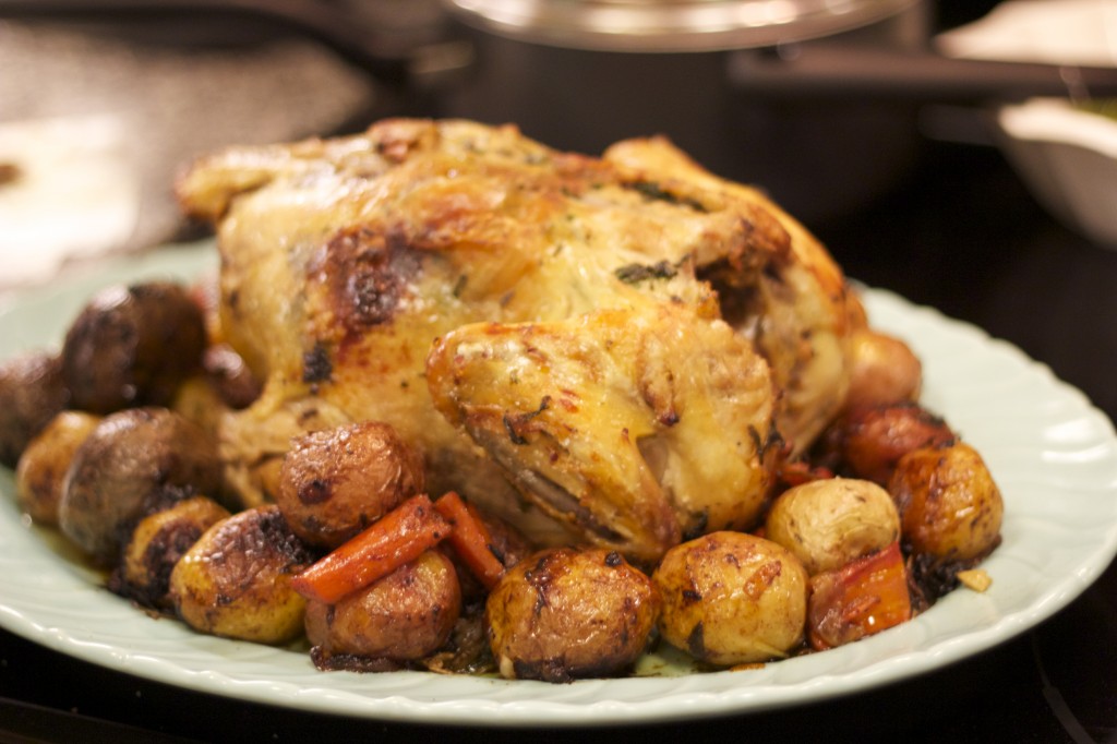 Roasted chicken and potoats